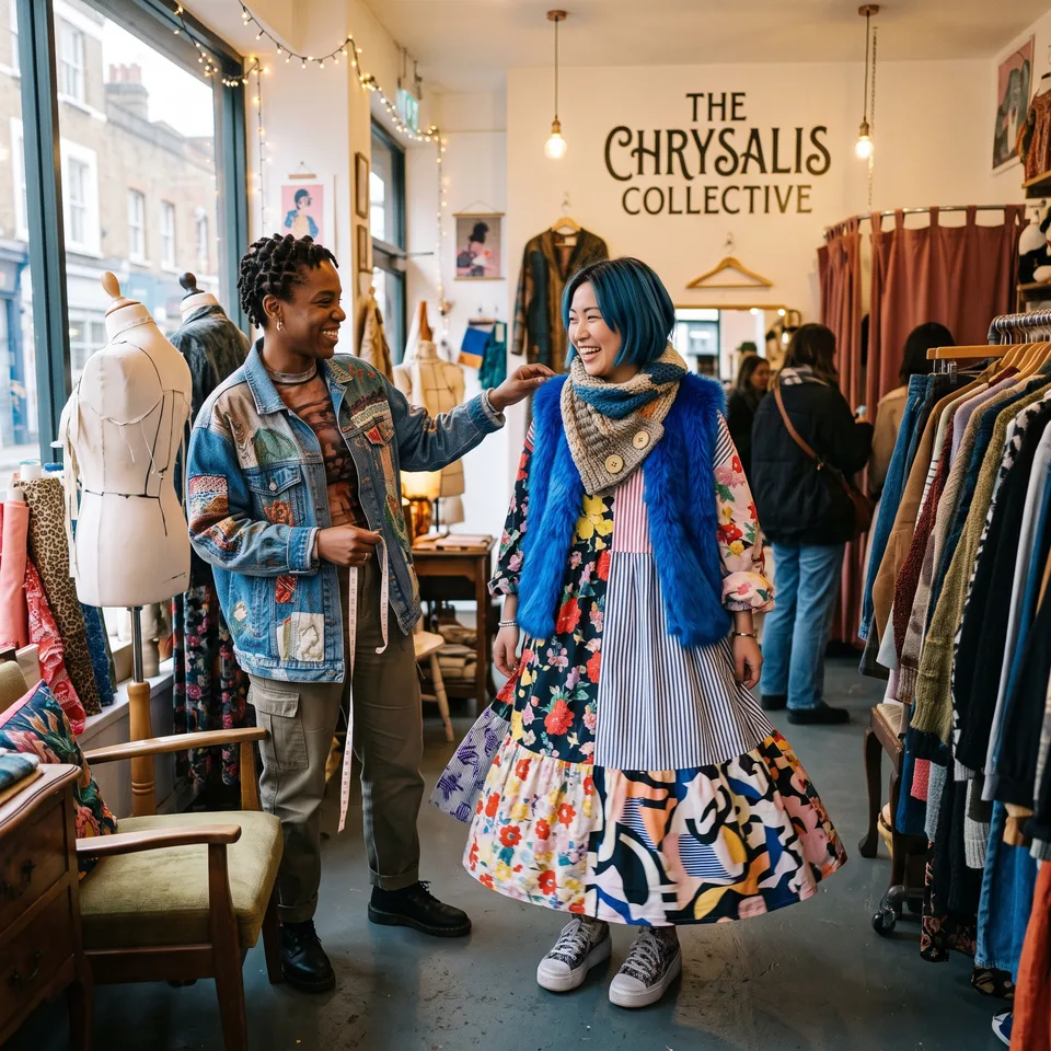 Two people exploring expressive, colorful garments in a light-filled boutique