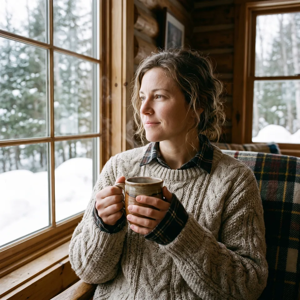 A person in a textured knit sweater holding a mug beside a cabin window